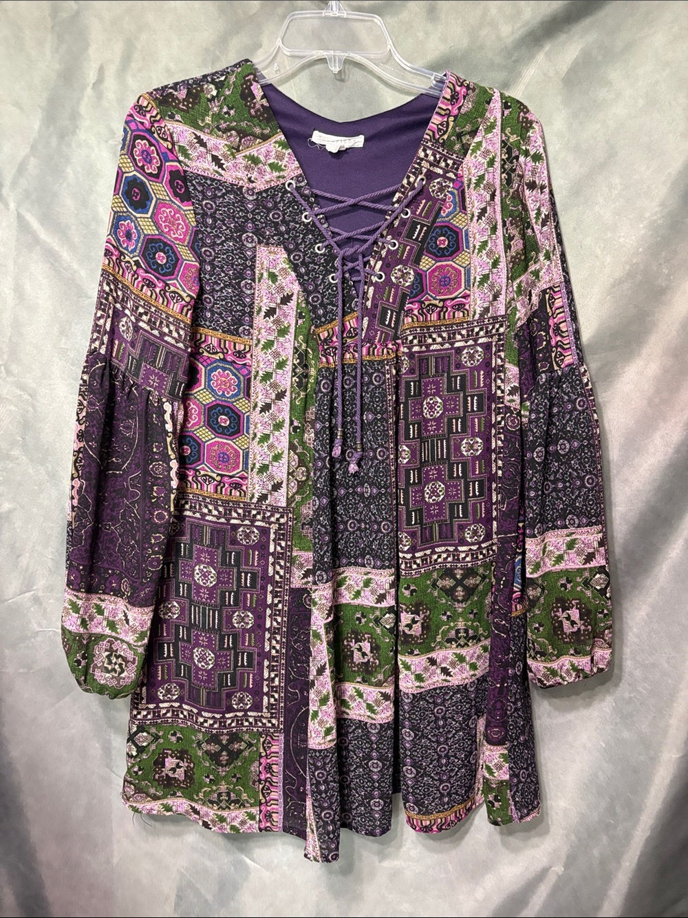 Love Riche Lace-Up Patchwork Tunic Dress in Purple and Green